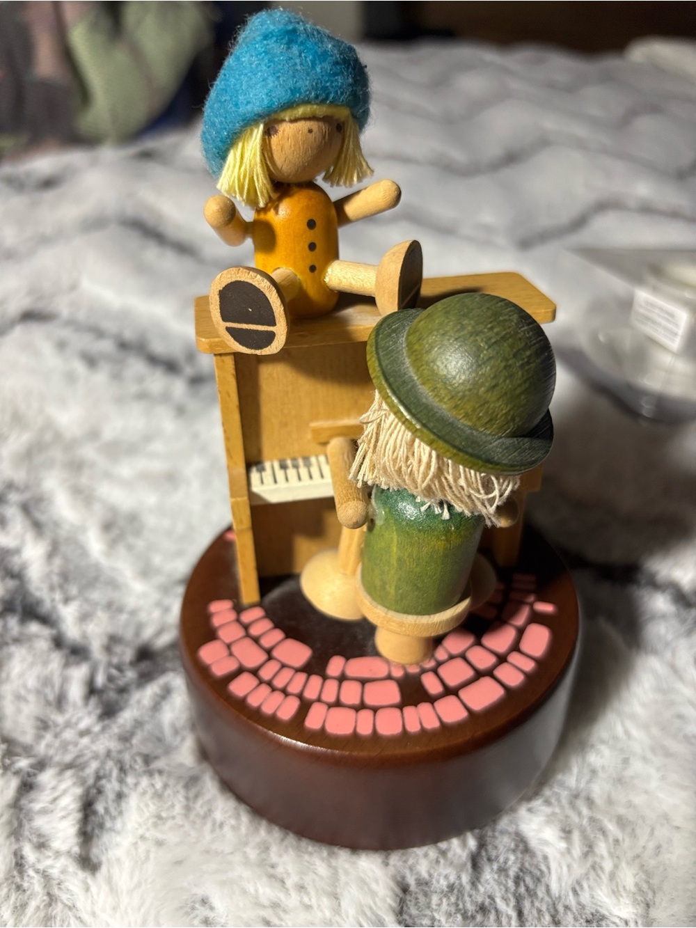 Wooden Music Box Figurines with Blue Hat and Olive Green Coat
